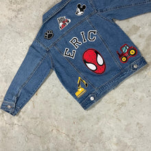 Load image into Gallery viewer, Custom made denim jacket personalised with superman and Mickey Mouse and cars and trucks for boys
