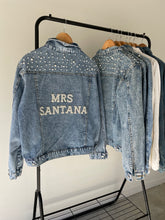 Load image into Gallery viewer, Pearl bridal denim jacket. Pearl personalised letters. Mrs, Wifey, Bride