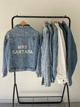 Load image into Gallery viewer, Pearl bridal denim jacket. Pearl personalised letters. Mrs, Wifey, Bride