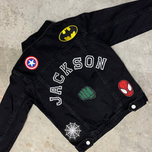 Load image into Gallery viewer, Boys personalised superhero denim jacket fun cute - perfect Christmas, birthday gift / present