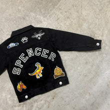 Load image into Gallery viewer, Black denim jacket with patches. Kids birthday gift one of a kind
