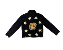 Load image into Gallery viewer, Custom made adults denim jacket. Gucci tiger and sequin stars. 
