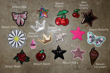 Load image into Gallery viewer, Sequin cherry patch, sequin star patch, sequin ice cream patch, sequin cupcake patch, sequin apple patch, sequin rose patch, sequin bow patch, sequin daisy iron on patch. Patch personalised jacket
