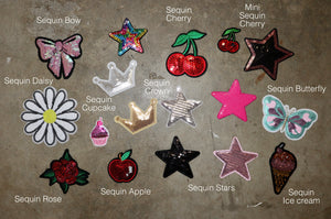 Sequin cherry patch, sequin star patch, sequin ice cream patch, sequin cupcake patch, sequin apple patch, sequin rose patch, sequin bow patch, sequin daisy iron on patch. Patch personalised jacket