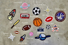 Load image into Gallery viewer, Iron on patches. Rocket, baseball bat, dj deck, football, planet, astronaut, soccer ball, boom box. Iron on patch denim jacket

