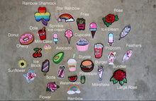 Load image into Gallery viewer, cupcake iron on patch, rainbow iron on patch, flower patch, burger patch, popcorn patch, feather patch, cherry patch, rose patch, donut patch
