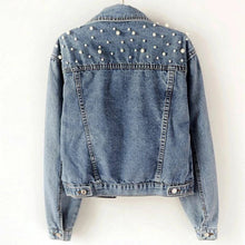 Load image into Gallery viewer, Pearl Denim Jacket. Wedding day denim jacket for the bride, wifey, mrs

