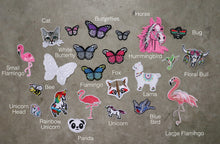 Load image into Gallery viewer, Iron on patches flamingo patch, unicorn patch, lama patch, horse patch, hummingbird patch, bull patch, blue bird patch, panda patch, bee patch, butterfly patch, cat iron on patch. Personalised patch jacket
