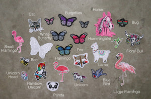 Iron on patches flamingo patch, unicorn patch, lama patch, horse patch, hummingbird patch, bull patch, blue bird patch, panda patch, bee patch, butterfly patch, cat iron on patch. Personalised patch jacket